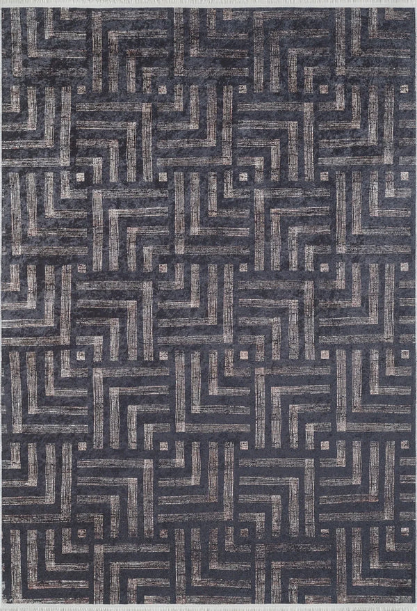 Antrasit Gri Geometrik Labirent Desenli Halı - Yıkanabilir - Kaymaz Taban - Pati Dostu