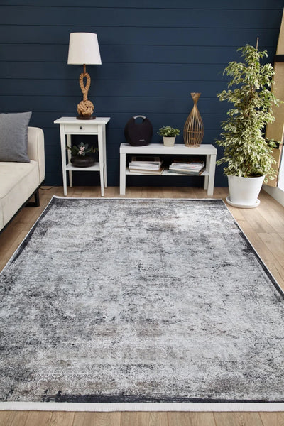 Gri Siyah Eskitme Salon Halısı HLN1837 - Polyester
