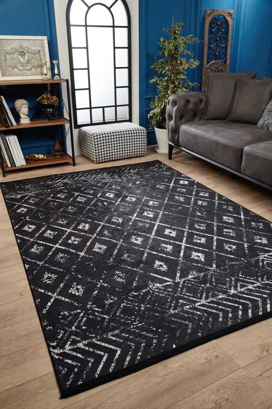 Beyaz Gri Baklava Geometrik Halı - Yıkanabilir - Kaymaz Taban - Pati Dostu