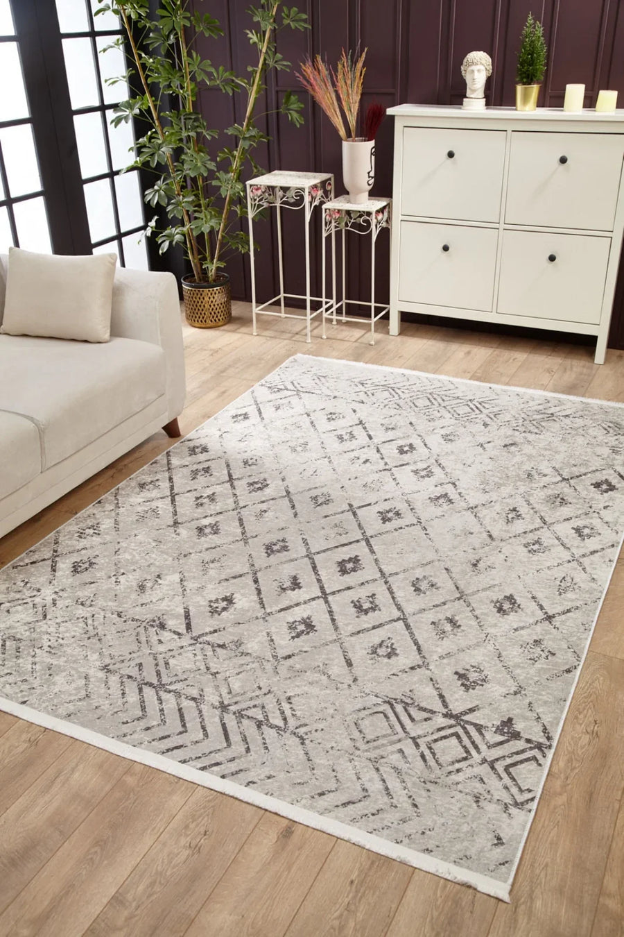 Bej Gri Baklava Geometrik Halı - Yıkanabilir - Kaymaz Taban - Pati Dostu