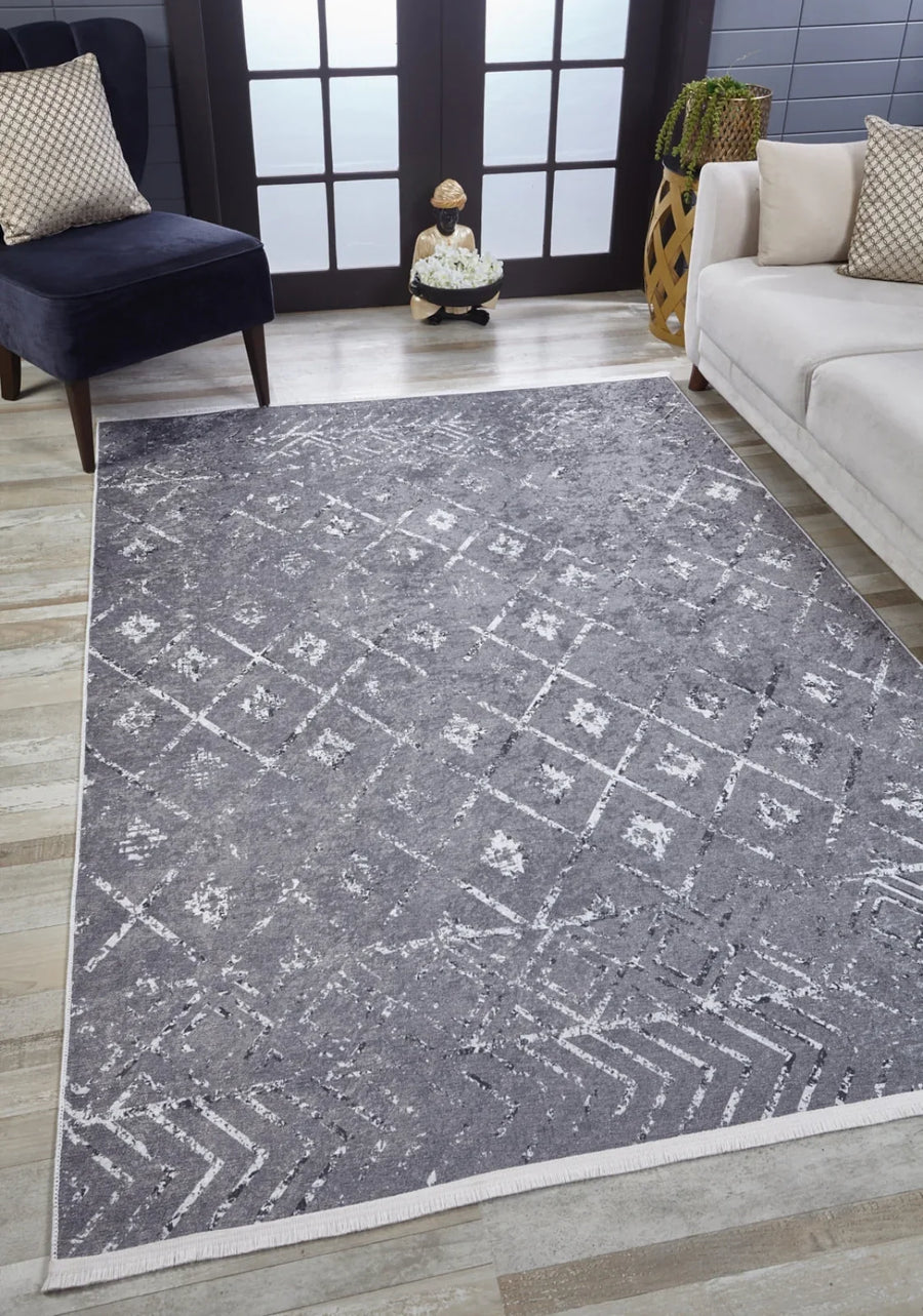 Antrasit Gri Etnik Geometrik Halı - Yıkanabilir - Kaymaz Taban - Pati Dostu