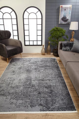 Grey Anthracite Distressed Living Room Rug - Polyester