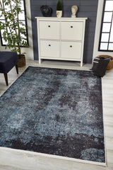 Anthracite Blue Distressed Living Room Rug - Polyester