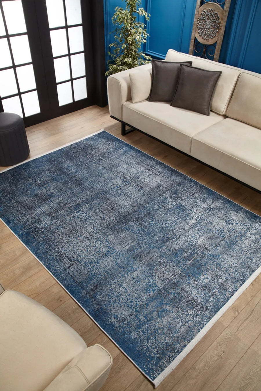 Gri Mavi Eskitme Modern Halı - Yıkanabilir - Kaymaz Taban - Pati Dostu