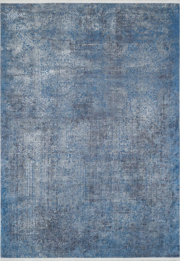 Gri Mavi Eskitme Modern Halı - Yıkanabilir - Kaymaz Taban - Pati Dostu