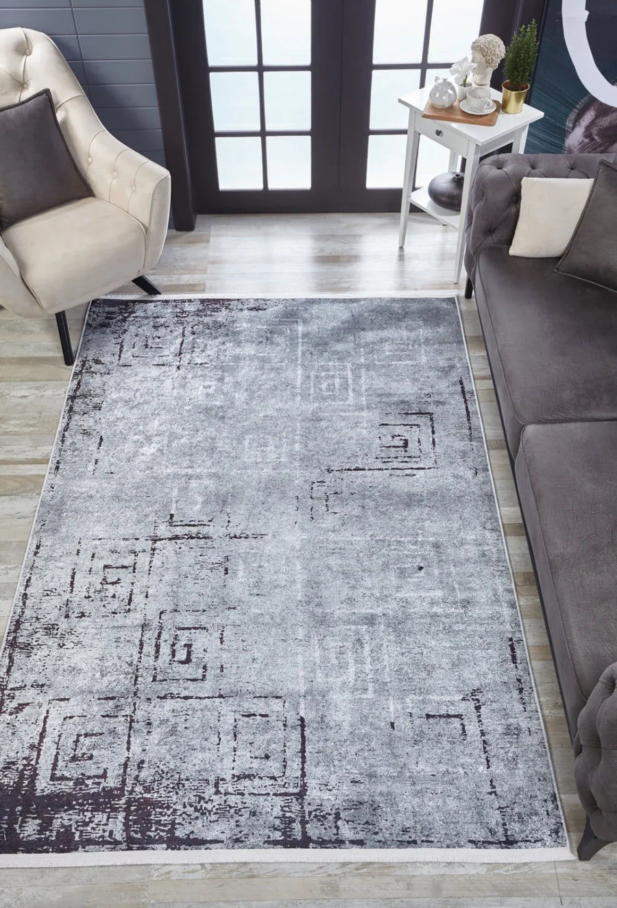 Gri Dokulu Minimalist Halı - Yıkanabilir - Kaymaz Taban - Pati Dostu