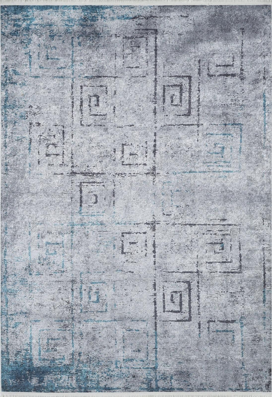 Antrasit Gri Geometrik Labirent Desenli Halı - Yıkanabilir - Kaymaz Taban - Pati Dostu