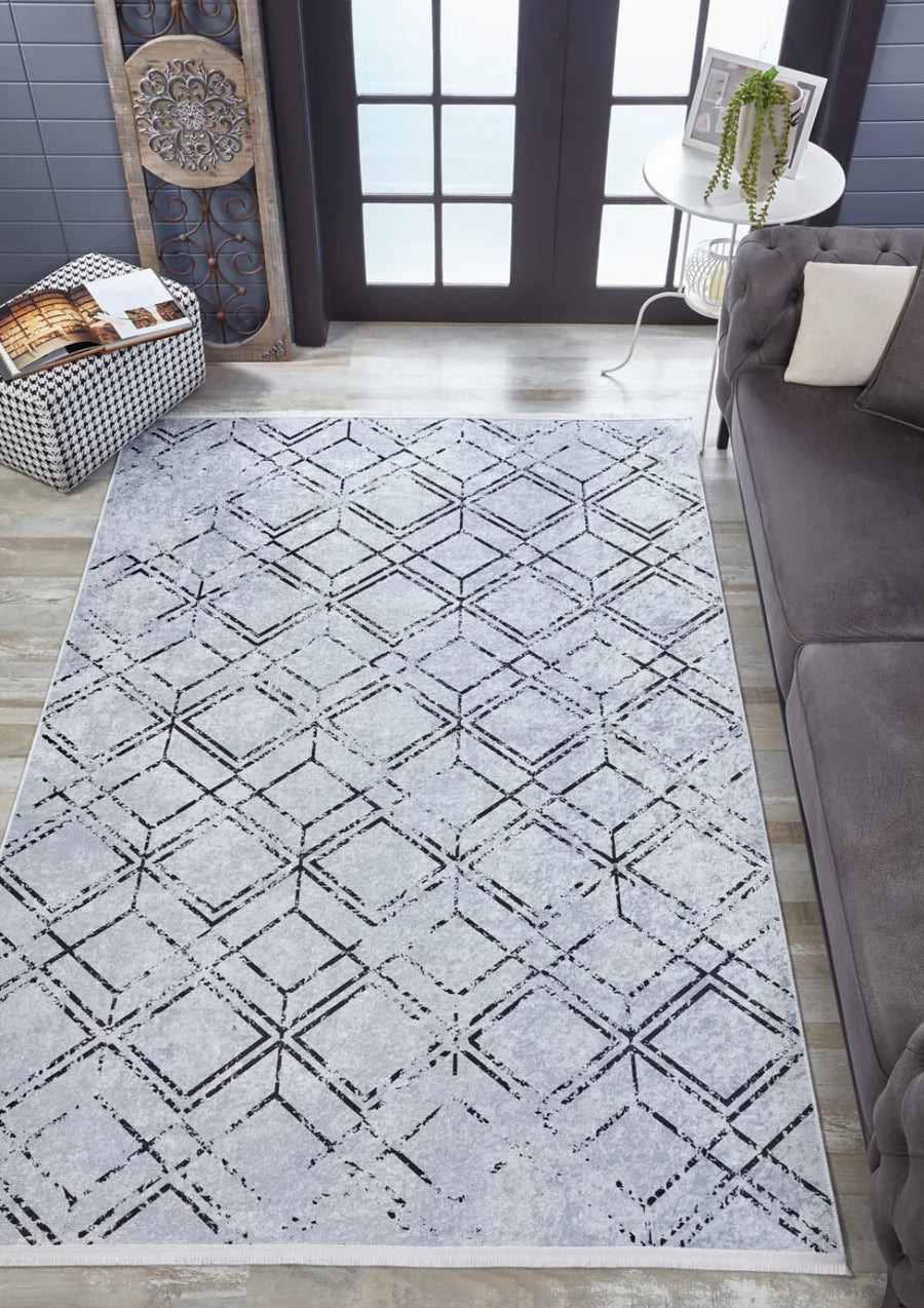 Beyaz Gri Baklava Geometrik Halı - Yıkanabilir - Kaymaz Taban - Pati Dostu