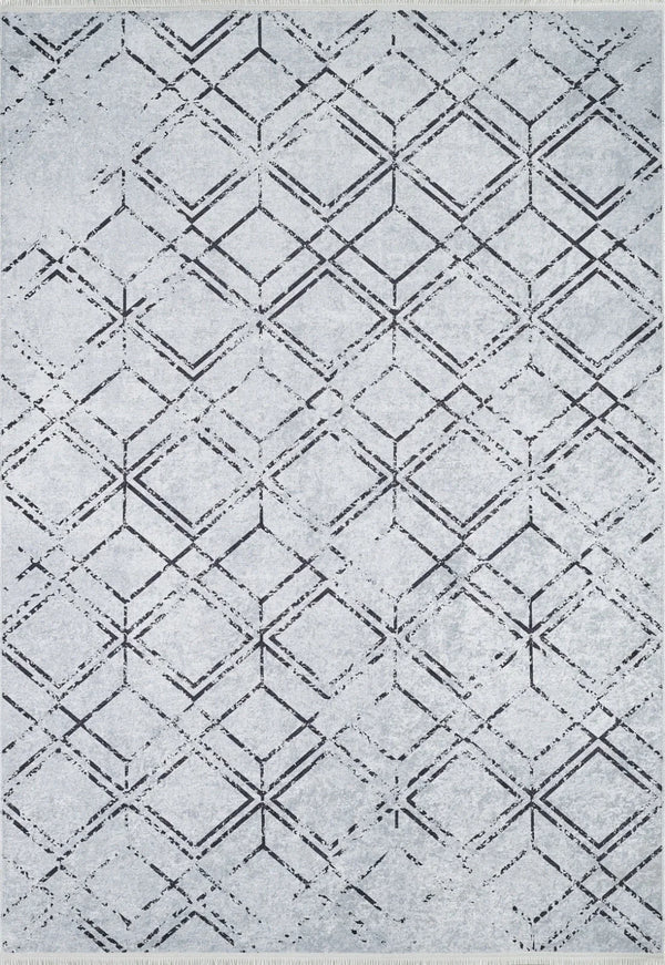 Beyaz Gri Baklava Geometrik Halı - Yıkanabilir - Kaymaz Taban - Pati Dostu