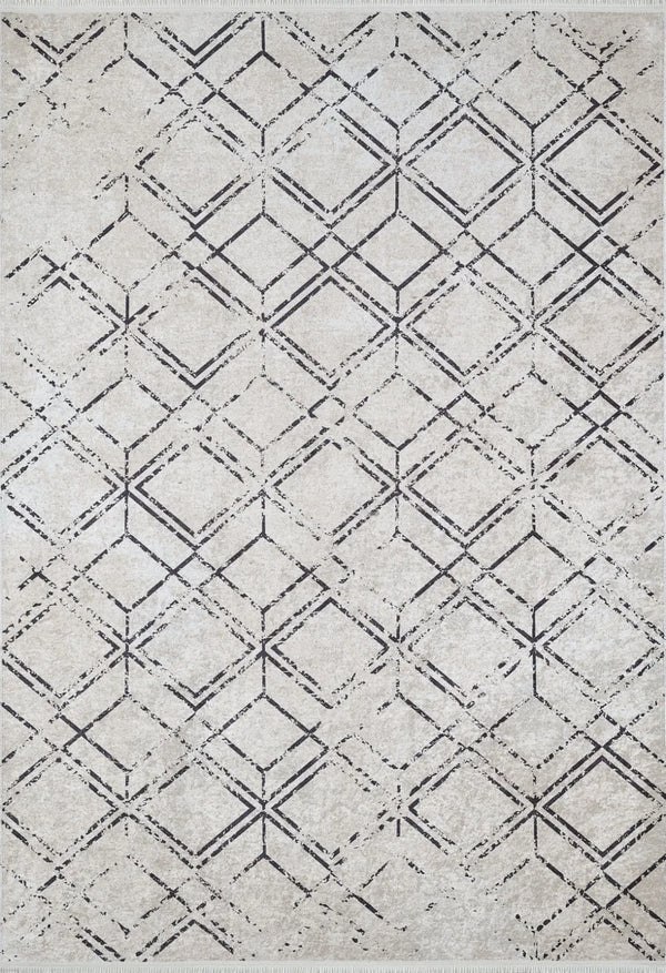 Bej Elmas Desenli Geometrik Halı - Yıkanabilir - Kaymaz Taban - Pati Dostu