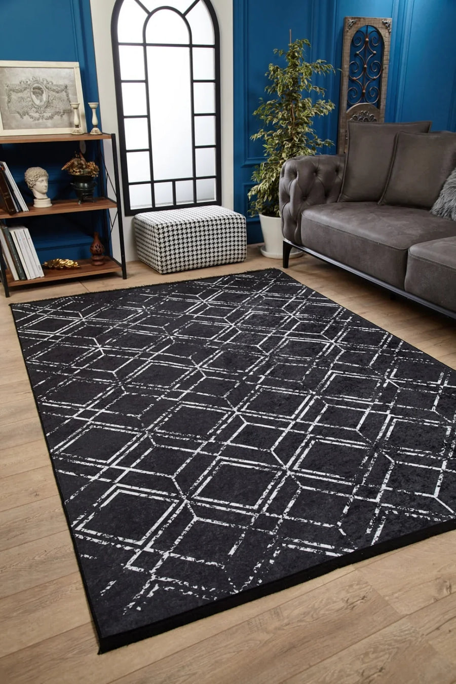 Antrasit Gri Baklava Desenli Geometrik Halı - Yıkanabilir - Kaymaz Taban - Pati Dostu