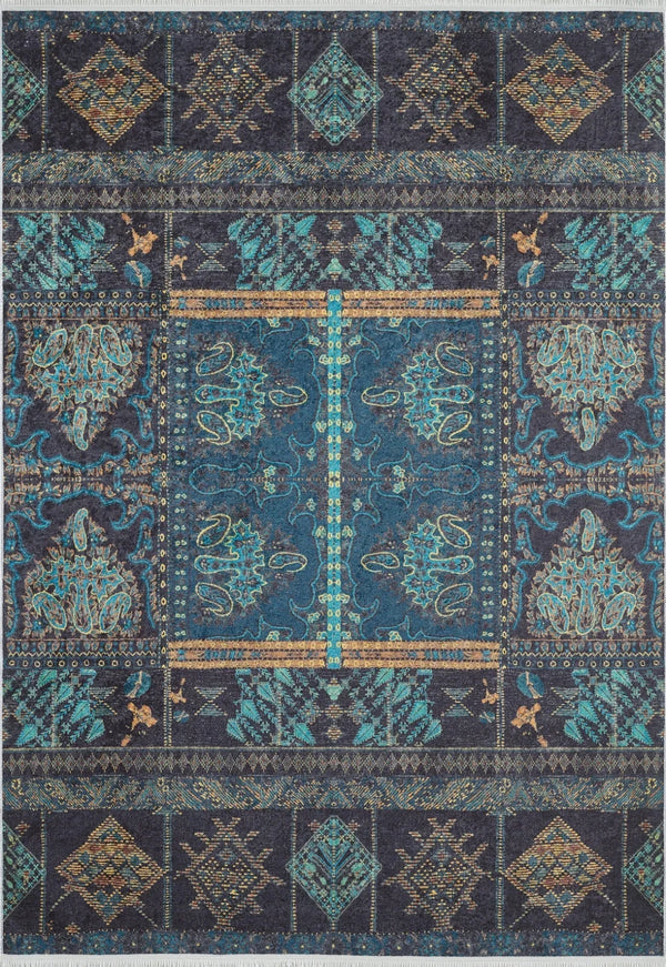 Mavi Geometrik Klasik Halı - Yıkanabilir - Kaymaz Taban - Pati Dostu