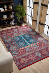 Burgundy Turquoise Bohemian Ethnic Living Room Rug - Machine Woven