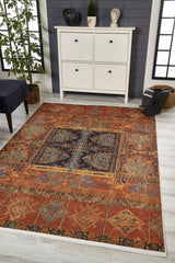 Tile Navy Blue Ethnic Living Room Rug - Polyester
