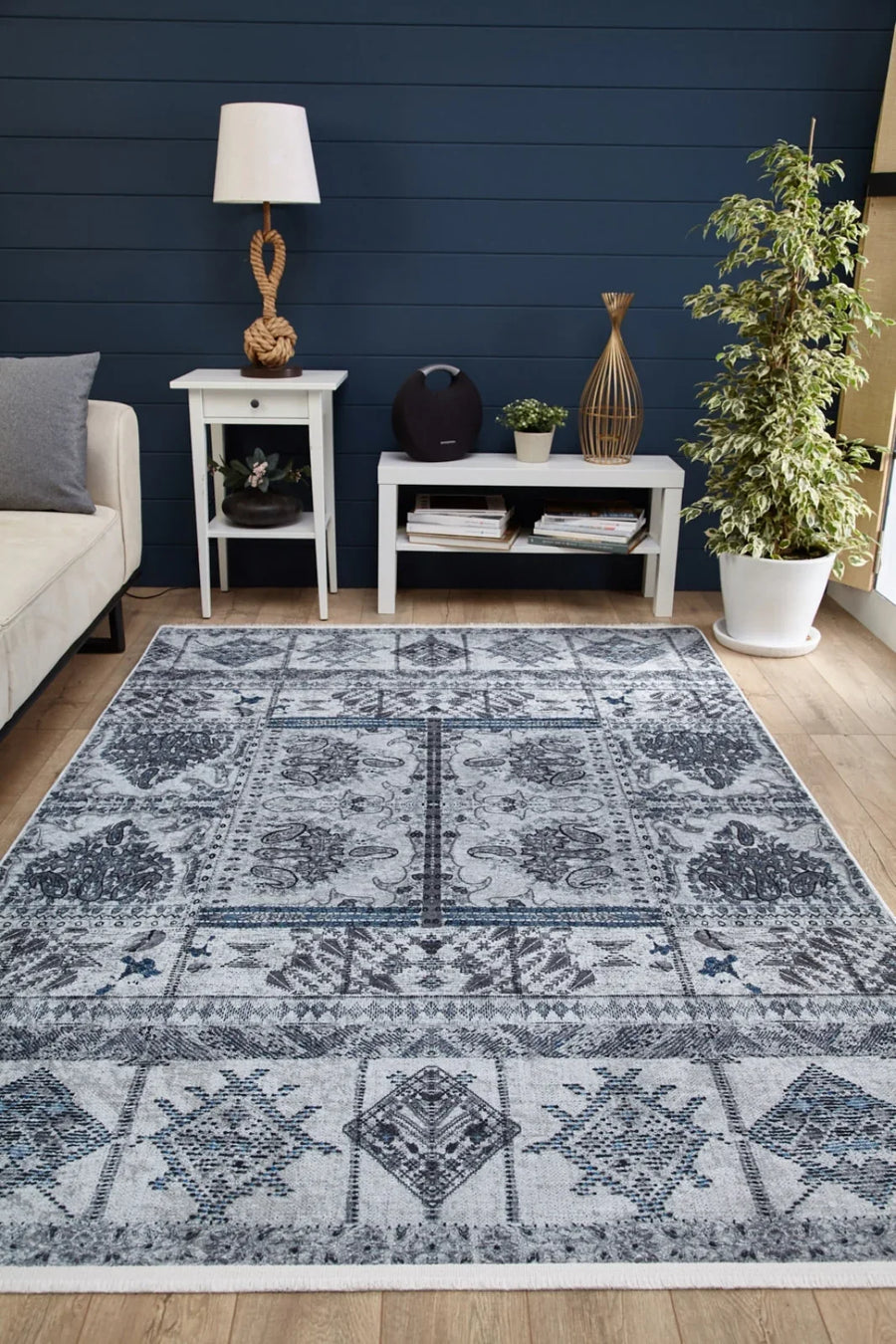 Antrasit Beyaz Geometrik Modern Halı - Yıkanabilir - Kaymaz Taban - Pati Dostu