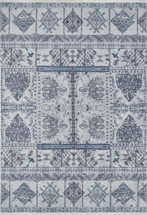 Antrasit Beyaz Geometrik Modern Halı - Yıkanabilir - Kaymaz Taban - Pati Dostu