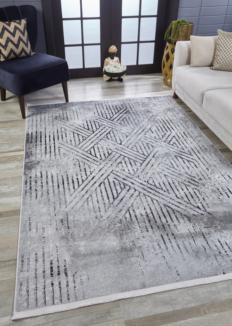 Antrasit Gri Geometrik Modern Halı - Yıkanabilir - Kaymaz Taban - Pati Dostu