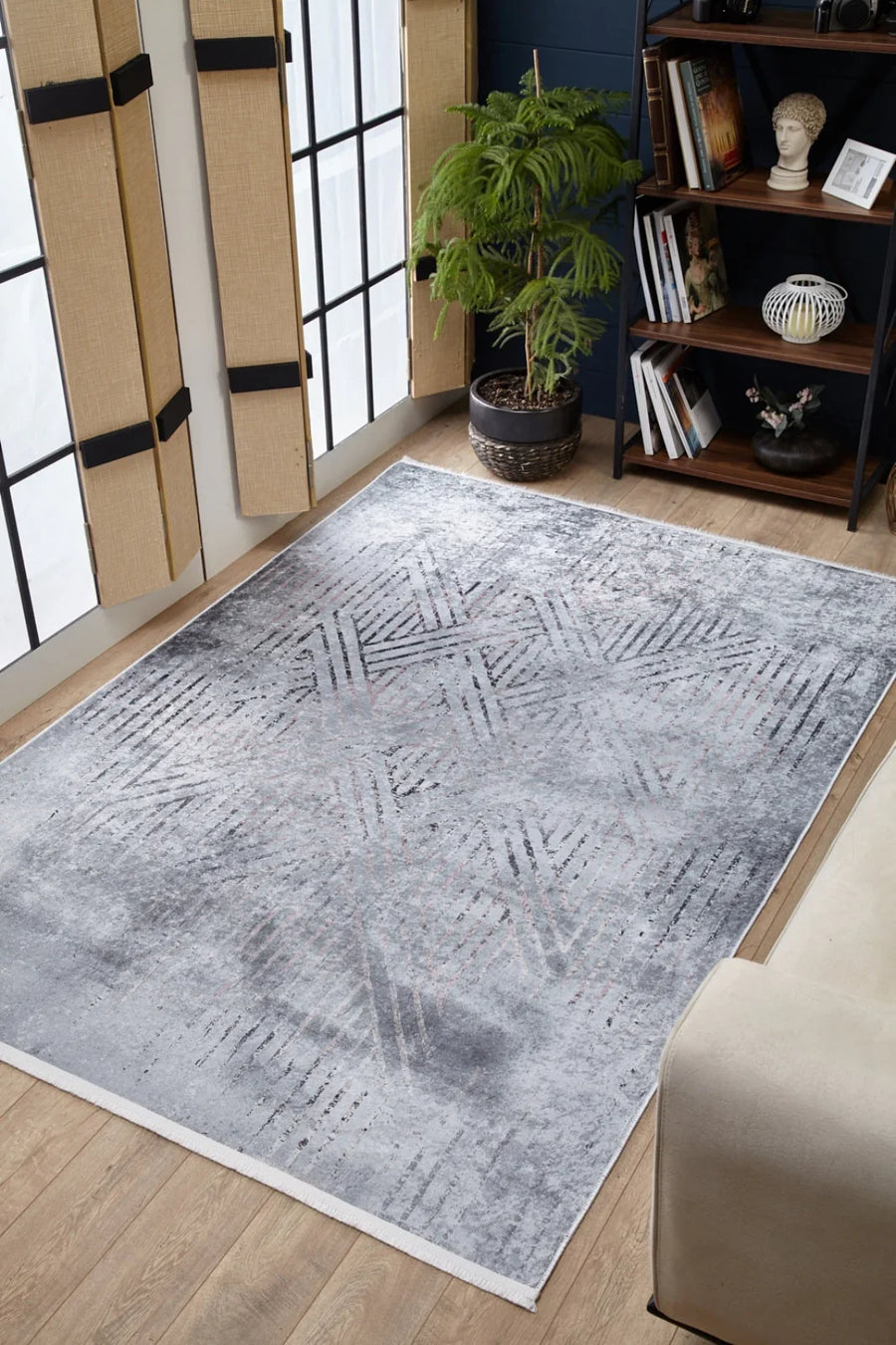 Beyaz Gri Geometrik Minimalist Halı - Yıkanabilir - Kaymaz Taban - Pati Dostu