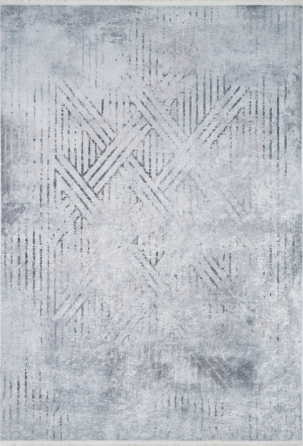 Beyaz Gri Geometrik Minimalist Halı - Yıkanabilir - Kaymaz Taban - Pati Dostu