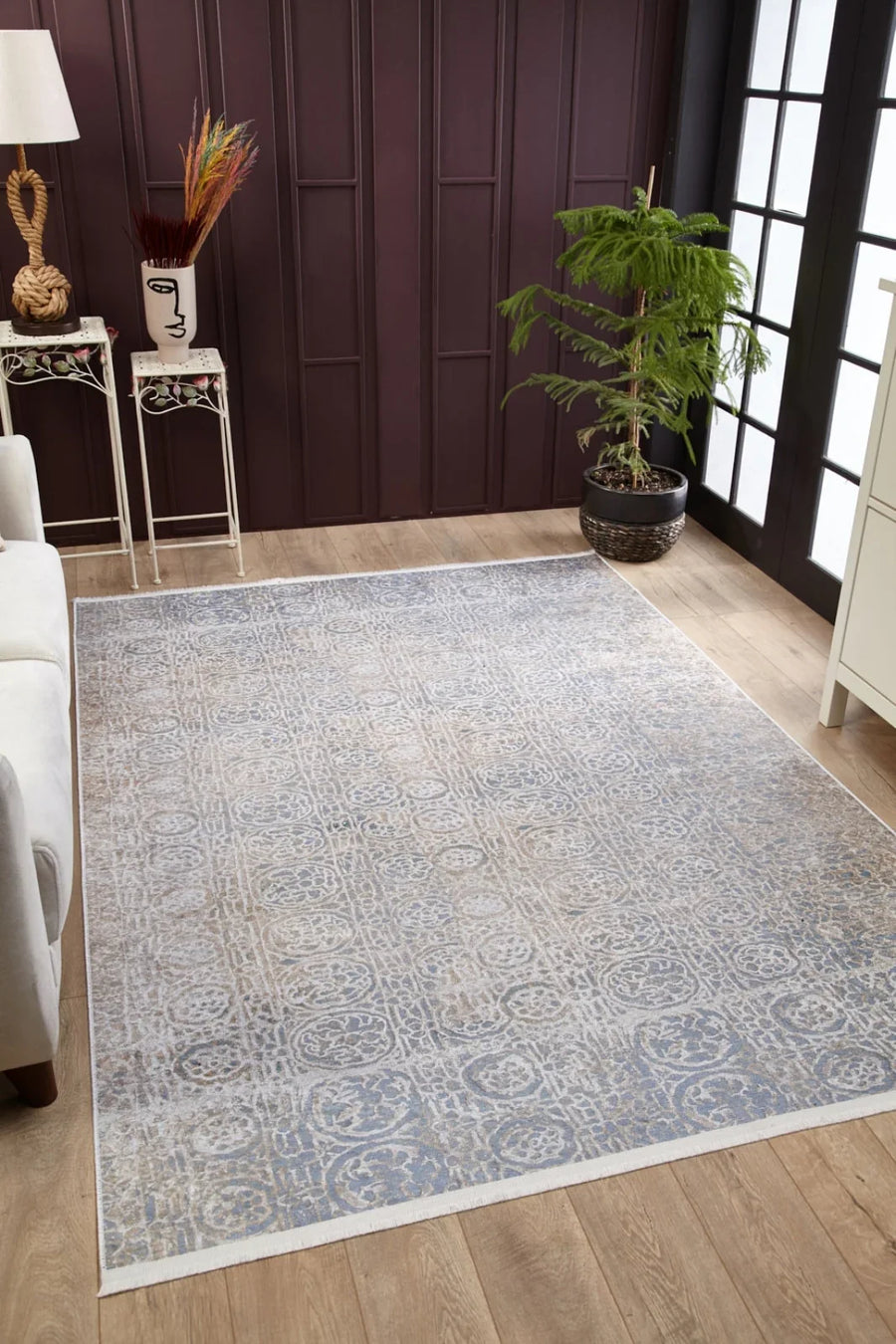 Bej Krem Klasik Minimalist Desenli Halı - Yıkanabilir - Kaymaz Taban - Pati Dostu