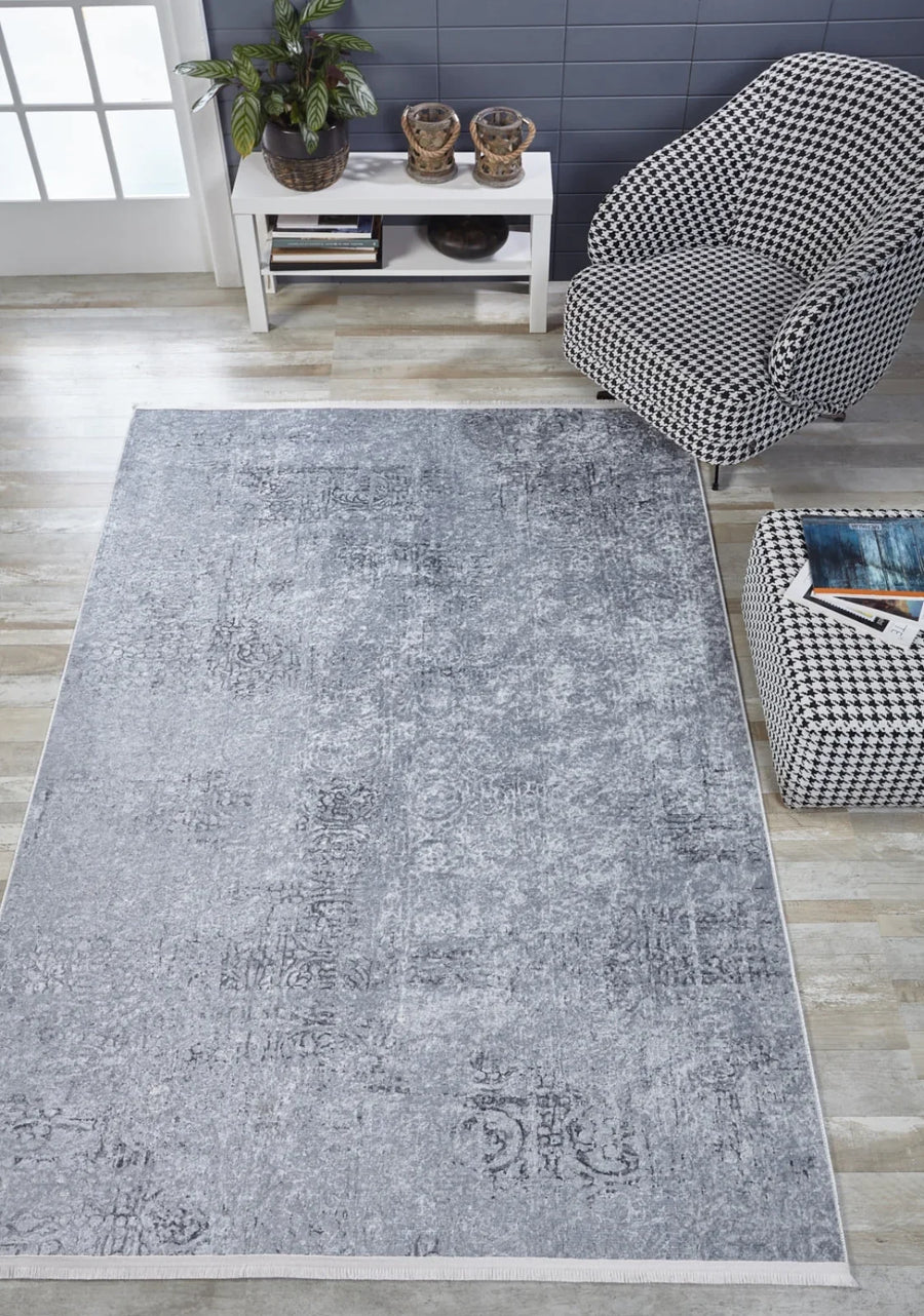 Gri Dokulu Minimalist Halı - Yıkanabilir - Kaymaz Taban - Pati Dostu