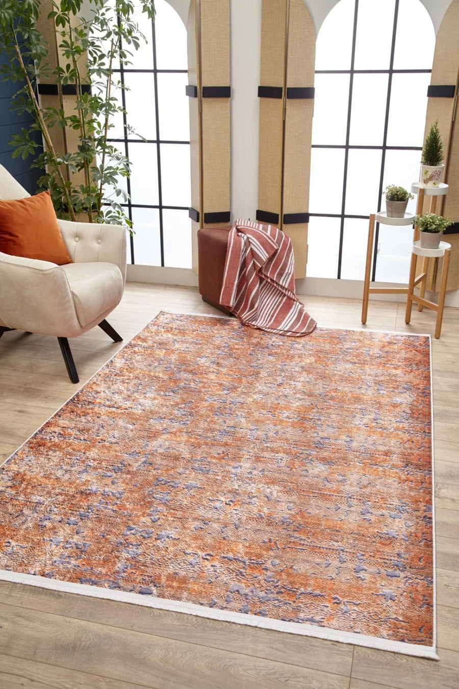 Krem Eskitme Modern Halı - Yıkanabilir - Kaymaz Taban - Pati Dostu