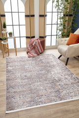 Beige Grey Distressed Living Room Rug - Polyester
