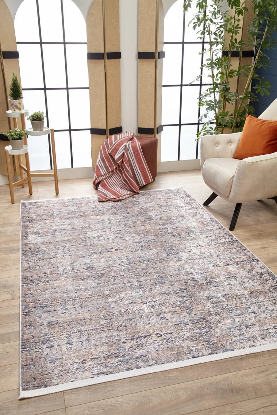 Bej Krem Dokulu Minimalist Halı - Yıkanabilir - Kaymaz Taban - Pati Dostu