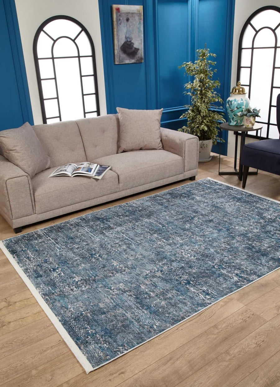 Mavi Dokulu Minimalist Halı - Yıkanabilir - Kaymaz Taban - Pati Dostu