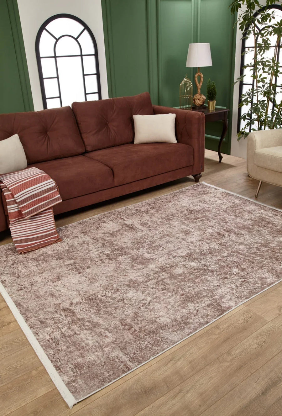 Bej Krem Eskitme Modern Halı - Yıkanabilir - Kaymaz Taban - Pati Dostu