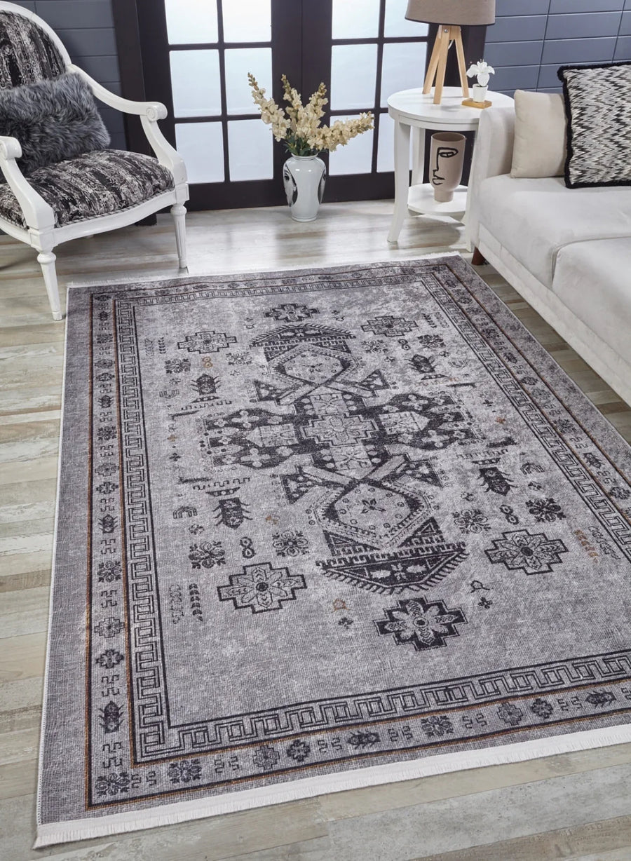 Antrasit Beyaz Klasik Modern Halı - Yıkanabilir - Kaymaz Taban - Pati Dostu