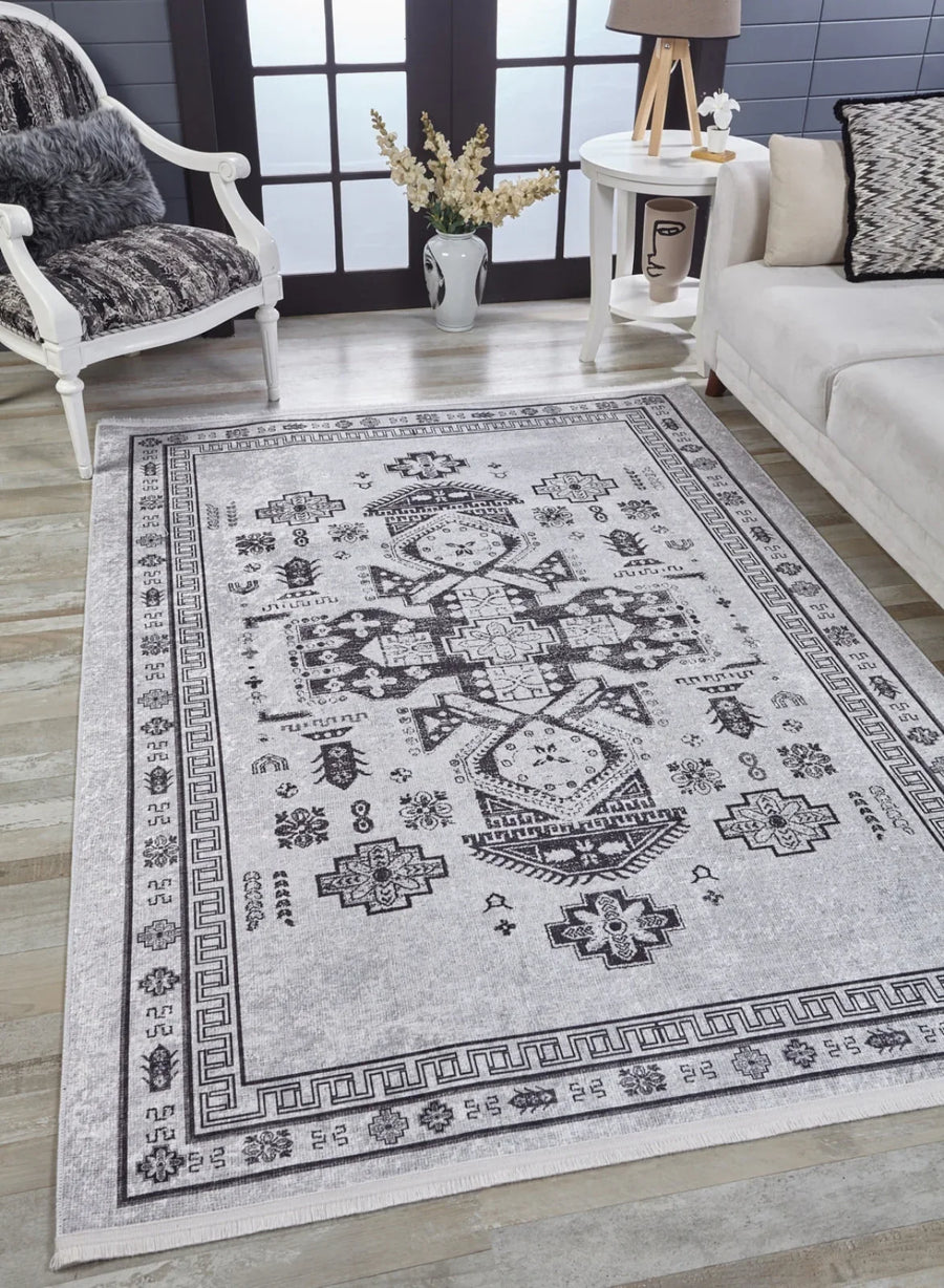 Antrasit Beyaz Geometrik Klasik Desenli Halı - Yıkanabilir - Kaymaz Taban - Pati Dostu
