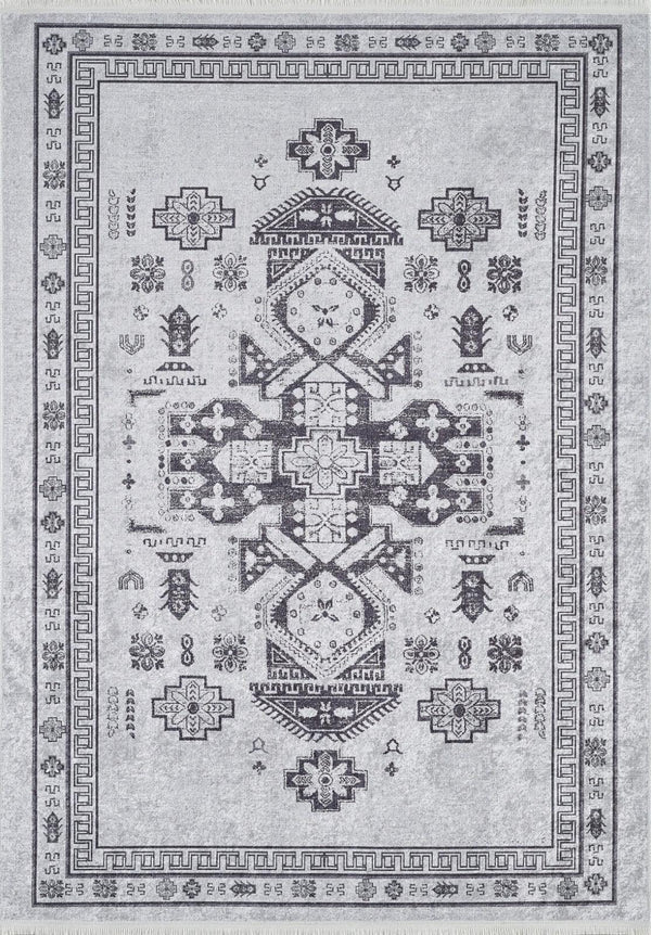 Antrasit Beyaz Geometrik Klasik Desenli Halı - Yıkanabilir - Kaymaz Taban - Pati Dostu