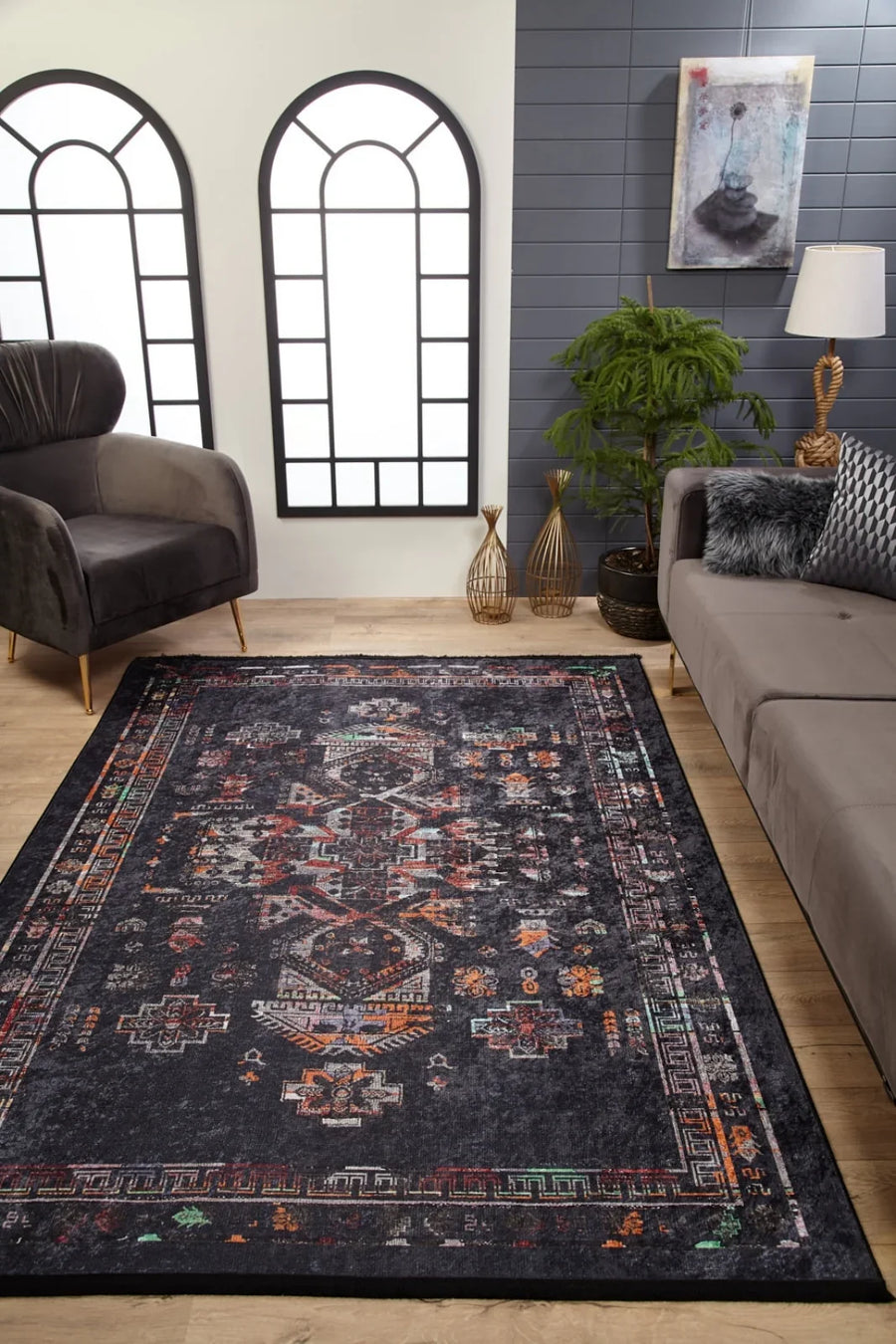 Antrasit Dokulu Modern Halı - Yıkanabilir - Kaymaz Taban - Pati Dostu