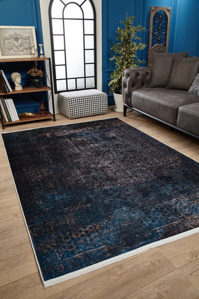 Lacivert Siyah Eskitme Salon Halısı - Polyester
