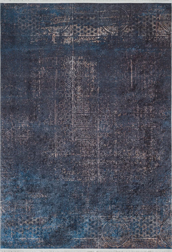 Mavi Eskitme Modern Halı - Yıkanabilir - Kaymaz Taban - Pati Dostu