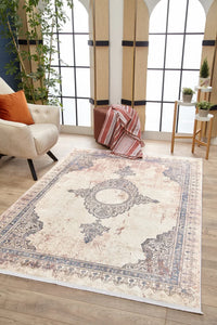 Waschbarer Teppich Creme & Blau mit Medaillon