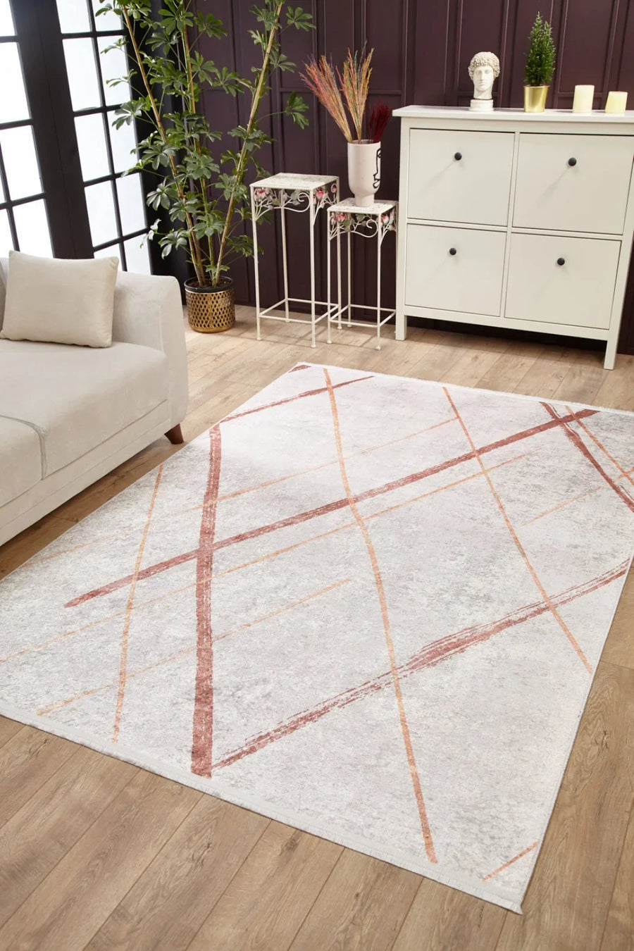 Beyaz Krem Geometrik Modern Halı - Yıkanabilir - Kaymaz Taban - Pati Dostu