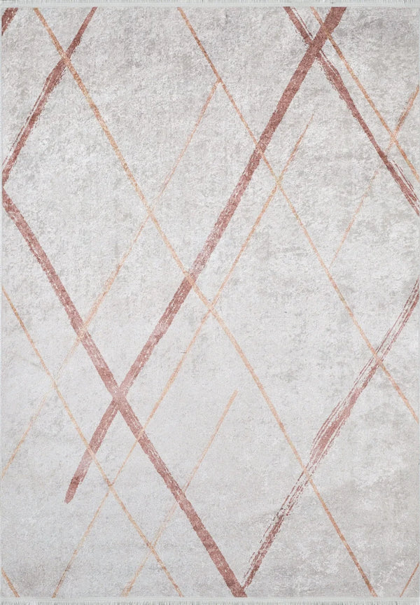Beyaz Krem Geometrik Modern Halı - Yıkanabilir - Kaymaz Taban - Pati Dostu