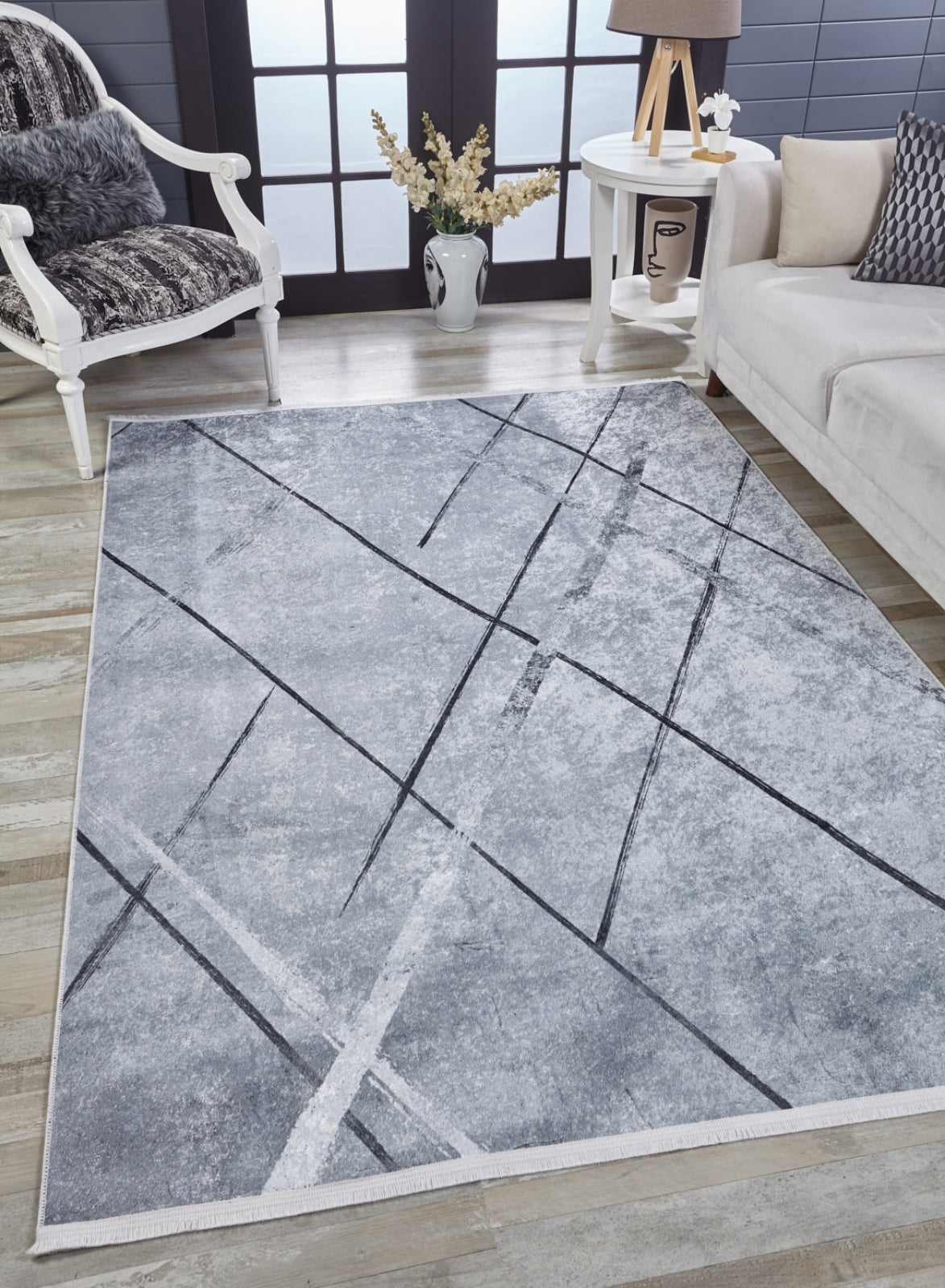 Mahabad Gri Çizgili Dijital Baskı Halı Halınet