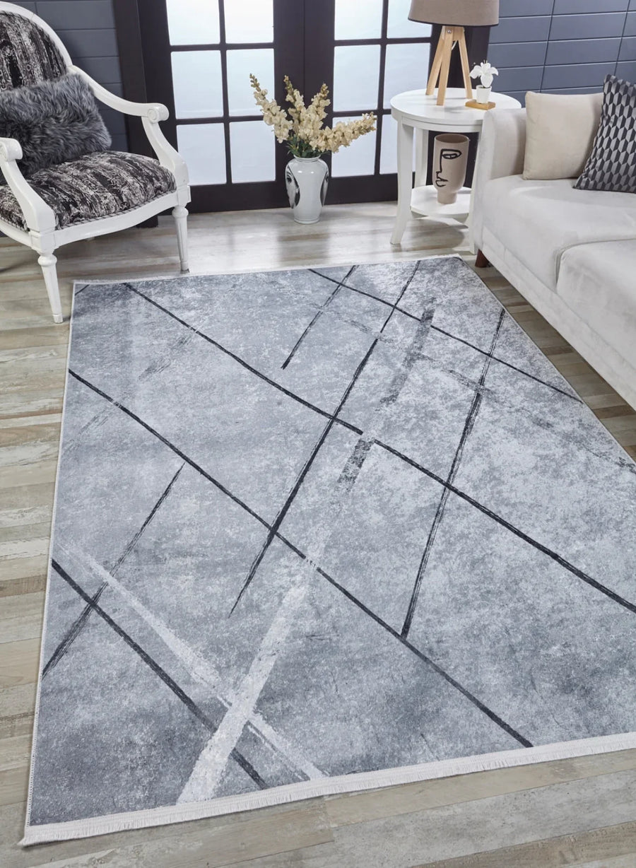 Antrasit Beyaz Geometrik Modern Halı - Yıkanabilir - Kaymaz Taban - Pati Dostu