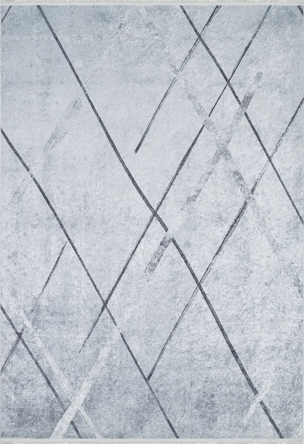 Antrasit Beyaz Geometrik Modern Halı - Yıkanabilir - Kaymaz Taban - Pati Dostu