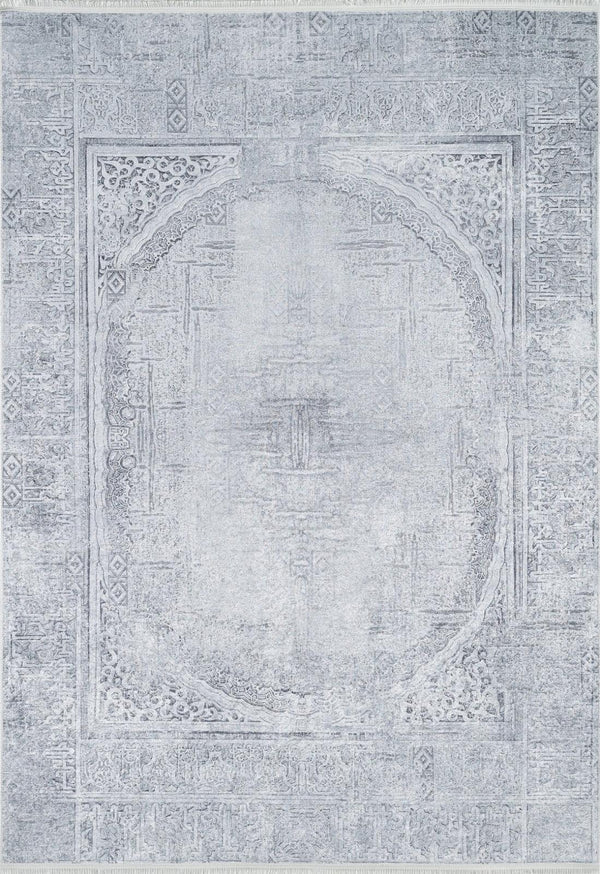 Beyaz Gri Klasik Madalyonlu Halı - Yıkanabilir - Kaymaz Taban - Pati Dostu