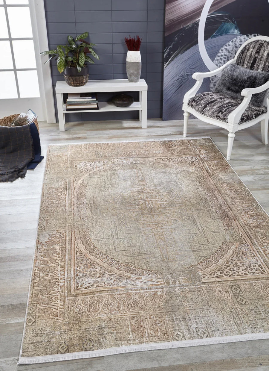 Bej Gold Klasik Modern Halı - Yıkanabilir - Kaymaz Taban - Pati Dostu