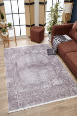Lilac Gray Cream Distressed Medallion Living Room Rug - Polyester Digital Print