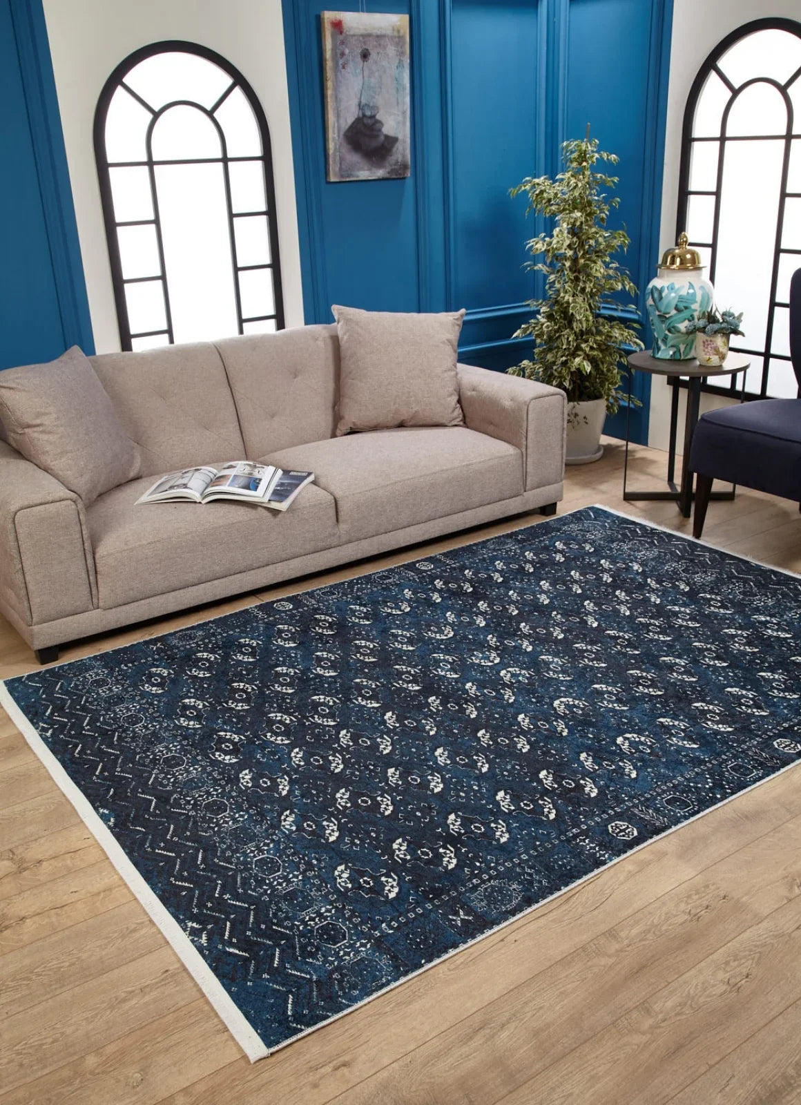 Gri Mavi Geometrik Modern Halı - Yıkanabilir - Kaymaz Taban - Pati Dostu