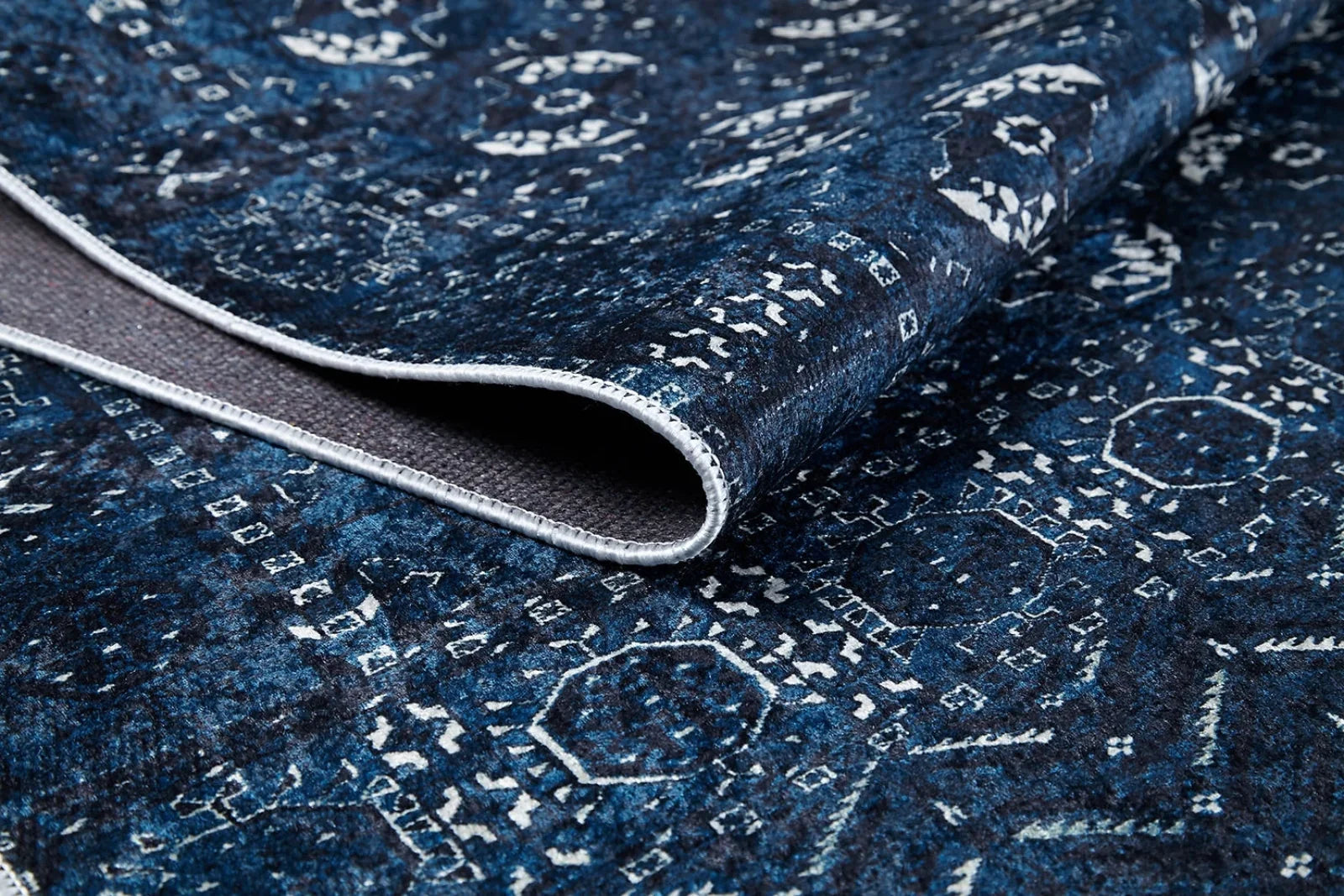 Gri Mavi Geometrik Modern Halı - Yıkanabilir - Kaymaz Taban - Pati Dostu