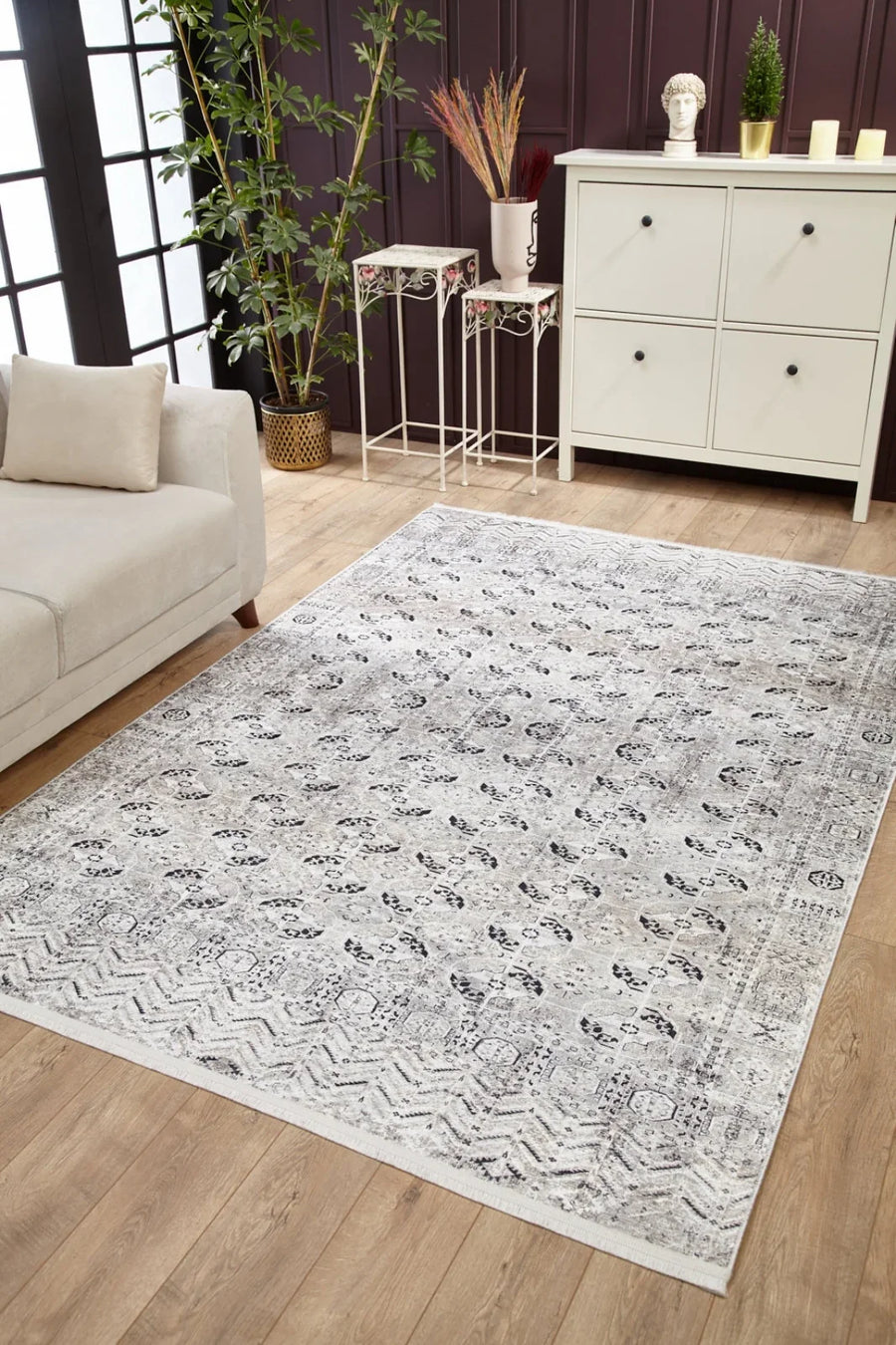 Bej Krem Geometrik Minimalist Halı - Yıkanabilir - Kaymaz Taban - Pati Dostu