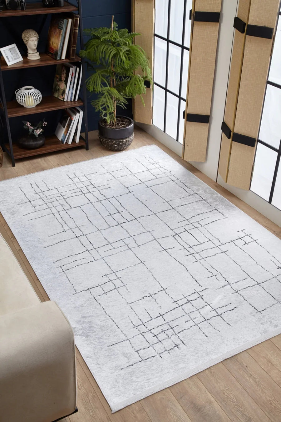 Beyaz Gri Geometrik Modern Halı - Yıkanabilir - Kaymaz Taban - Pati Dostu