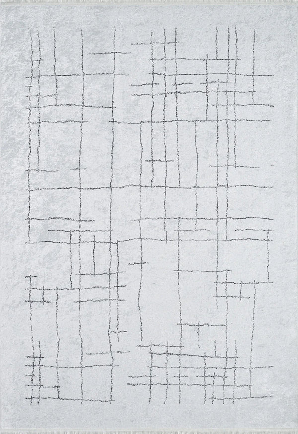 Beyaz Gri Geometrik Modern Halı - Yıkanabilir - Kaymaz Taban - Pati Dostu